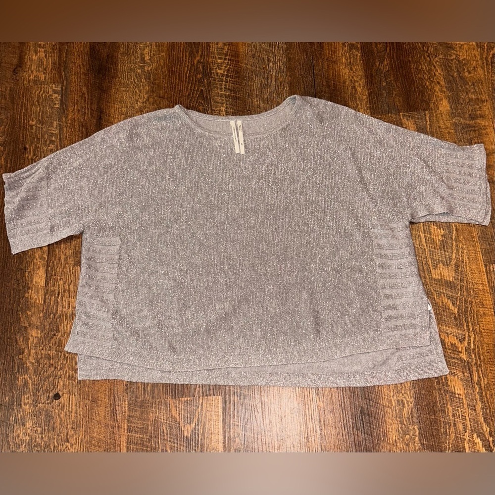 By Anthropologie Metallic Silver Shimmer Linen Oversized Kimono Sweater Size XS